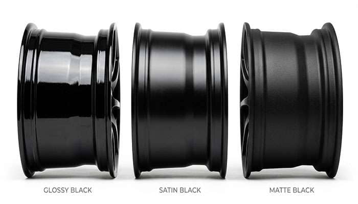 Close-up comparison of gloss, satin, and matte black wheel surfaces under studio lighting