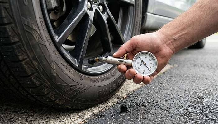 Hand using a tire pressure gauge to bleed air from a valve stem on a car tire