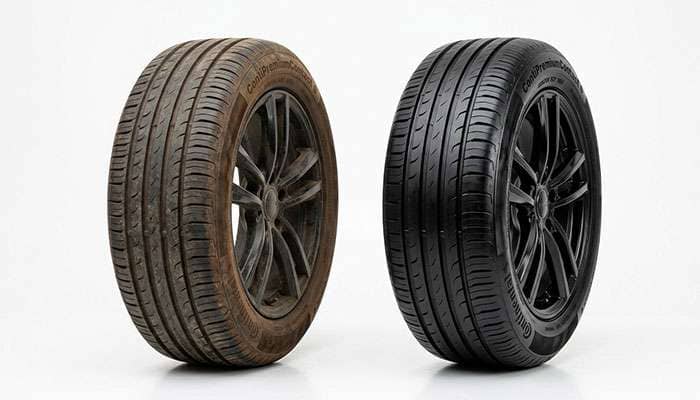 Side-by-side comparison of a brown bloomed tire and a clean black tire