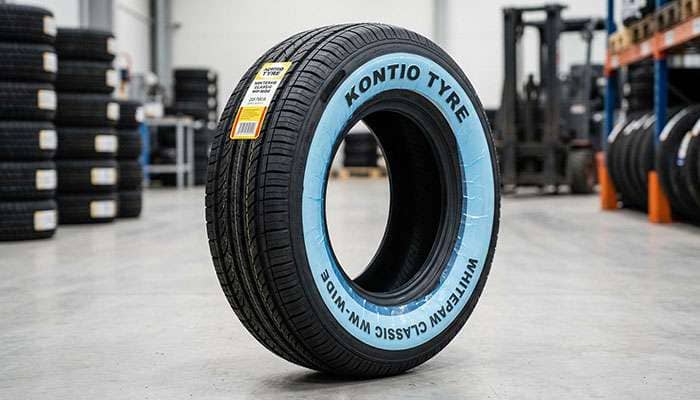 New whitewall tire with the blue protective film still covering the white sidewall