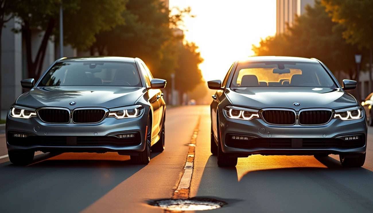 Two sleek BMW cars with illuminated headlights parked side by side on a city street at sunset showcasing 20-inch performance wheels