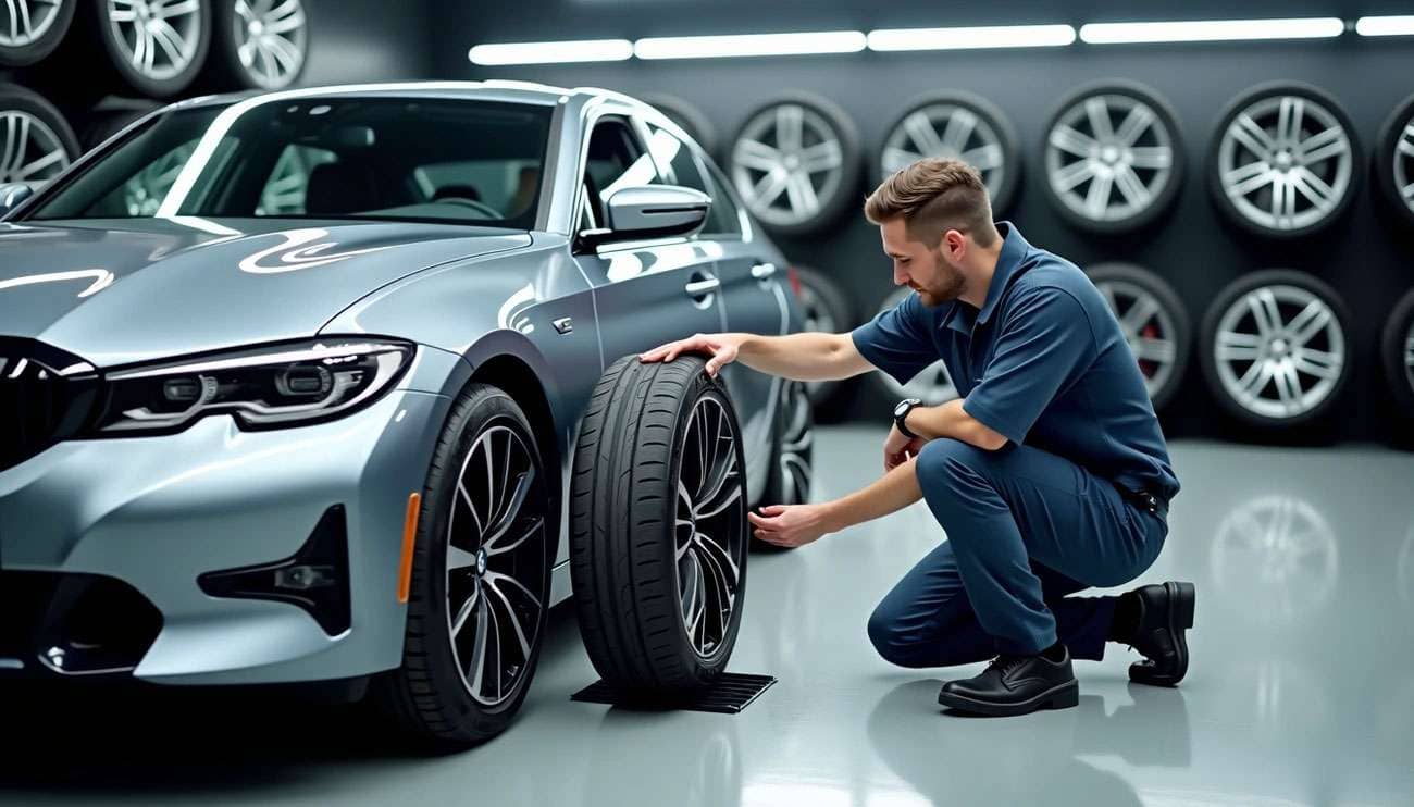 Man inspecting an aftermarket tire next to a silver BMW 3 Series in a tire showroom with wheels displayed on the wall