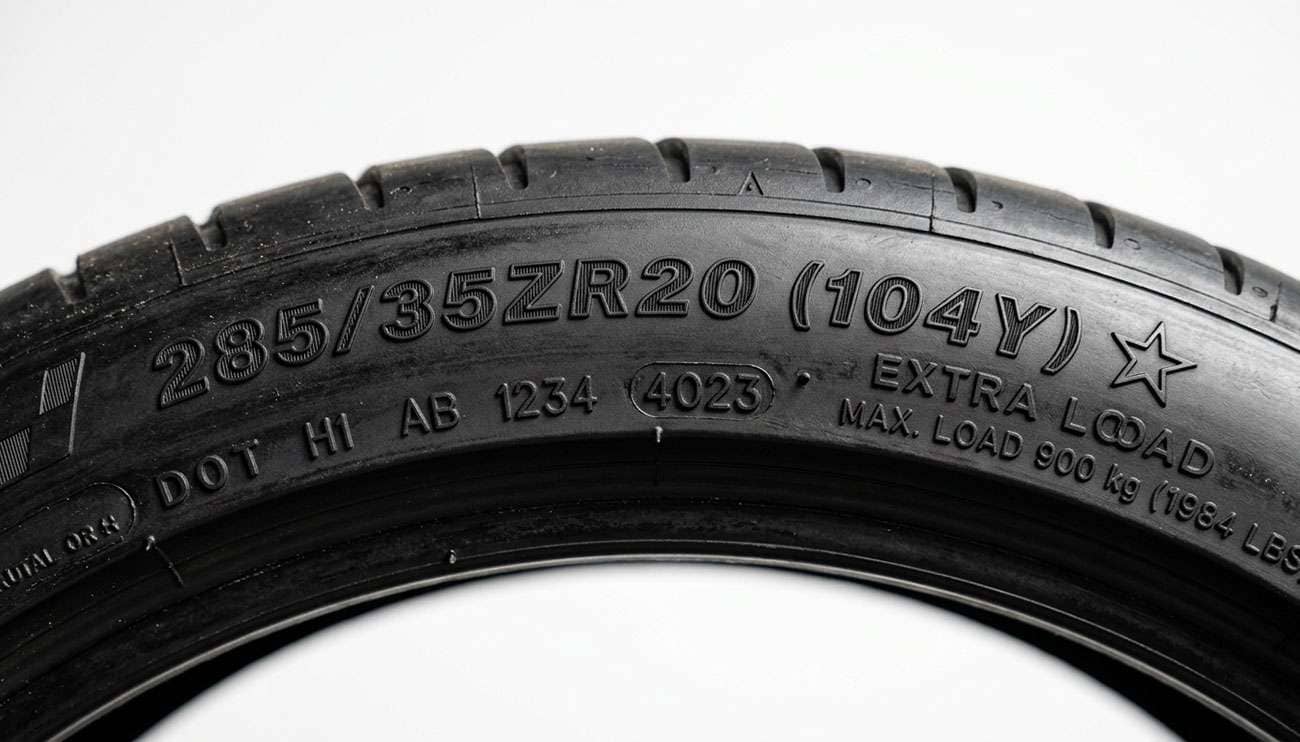 Performance car tire sidewall showing a small five-pointed star symbol molded into the rubber alongside the size markings