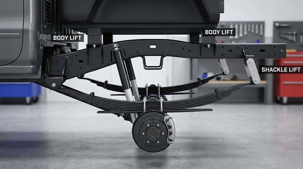 Comparison of 1-inch body lift and 1.25-1.5 inch shackle lift modifications on a vehicle suspension system