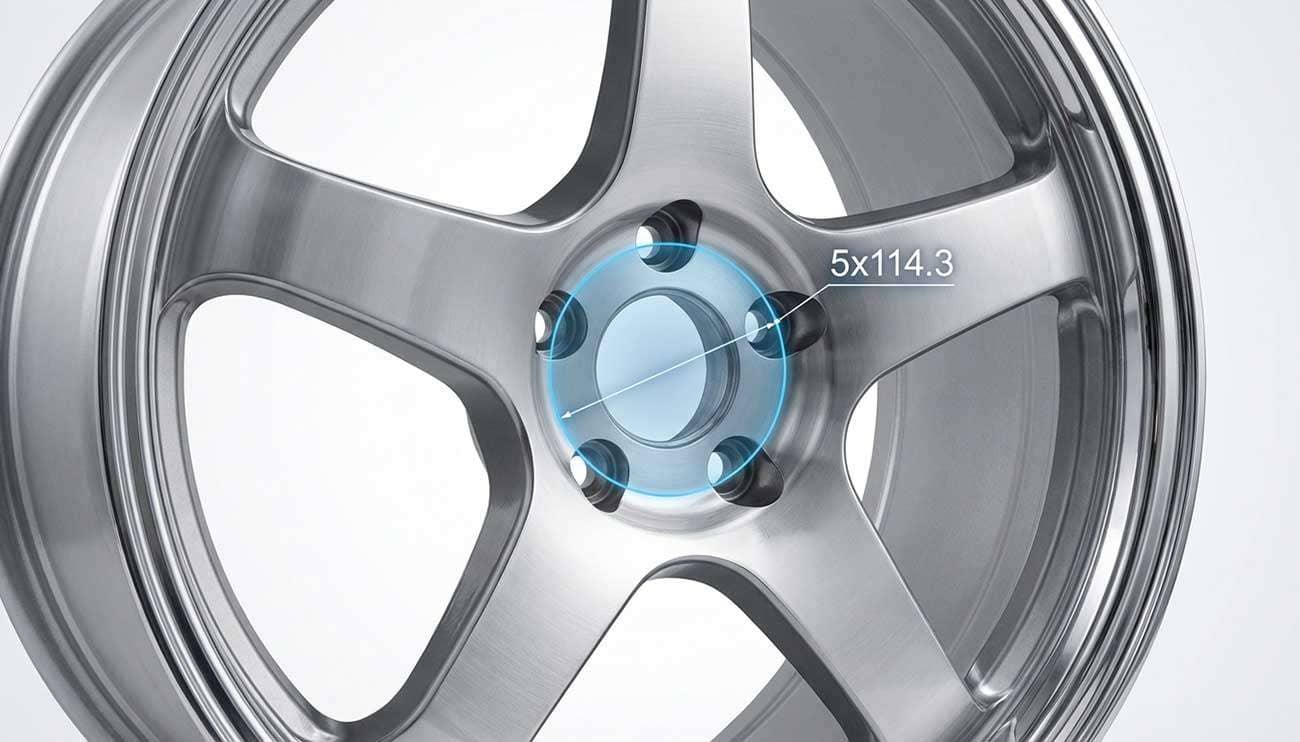 Wheel bolt pattern diagram showing 5x114.3 lug configuration with measurement overlay on aluminum alloy wheel