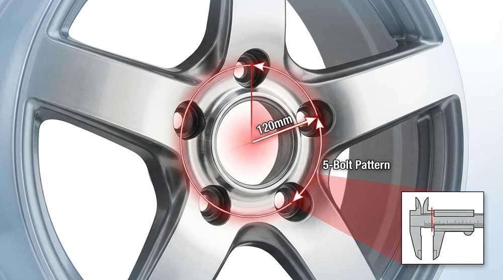 Diagram showing how to measure 4-, 5-, 6-, and 8-lug wheel bolt patterns using specific hole-to-hole measurements