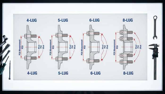 Diagram showing how to measure bolt patterns on 4-, 5-, 6-, and 8-lug wheels with red measurement lines