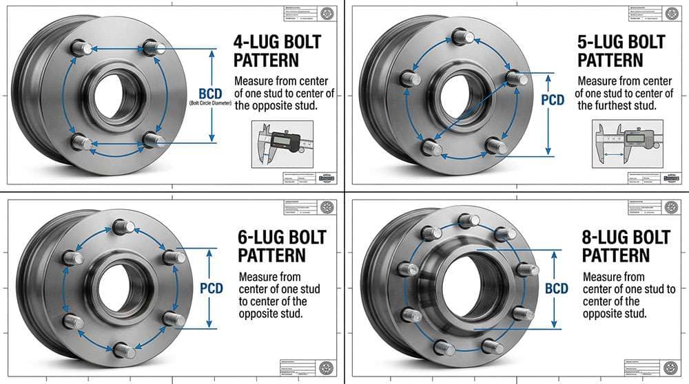 Instructions on how to measure 4-lug, 5-lug, 6-lug, and 8-lug wheel bolt patterns with diagrams and measurement points.