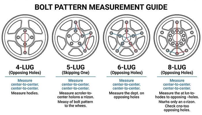 How to measure bolt patterns for 4, 5, 6, and 8-lug wheels using specific hole-to-hole measurements