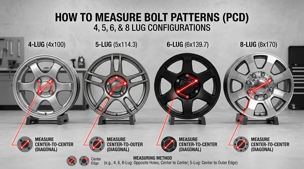 Diagram showing how to measure bolt patterns for 4-, 5-, 6-, and 8-lug wheels with red measurement lines.