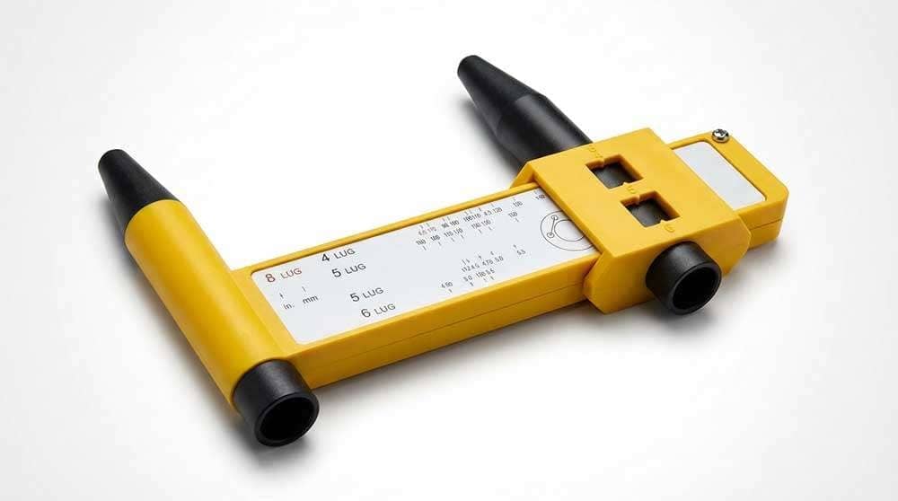 GoldenSunny wheel stud bolt pattern measuring tool with adjustable arms and lug count markings on a white background