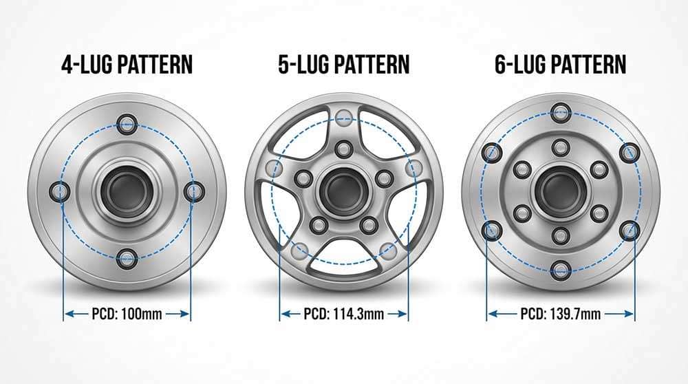 Technical diagram illustrating pitch circle diameter measurement on 4, 5, and 6 lug wheel patterns
