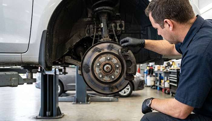 Mechanic checking a front brake caliper and rotor for drag with the wheel removed and the car on a lift