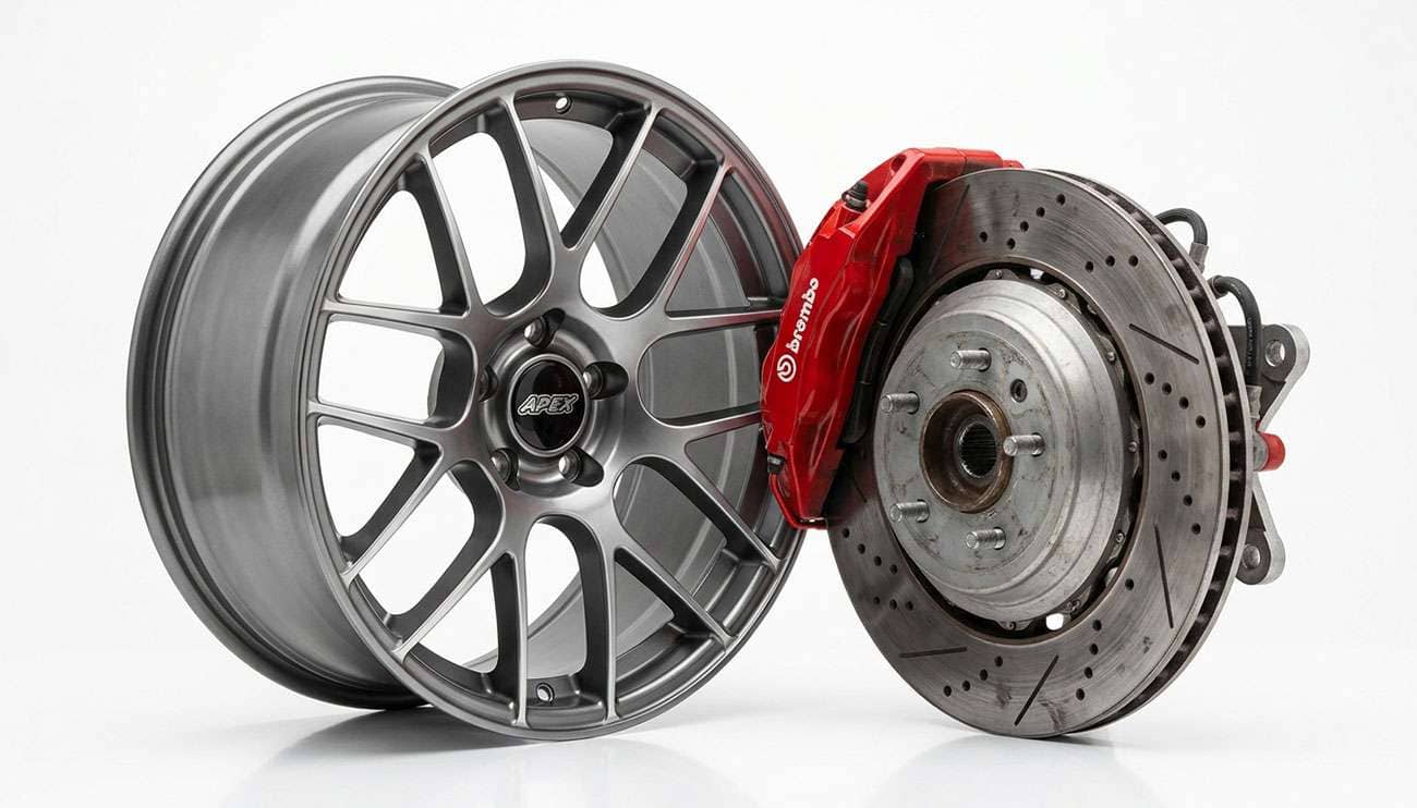 Aftermarket alloy wheel positioned beside a disc brake rotor and caliper showing the clearance gap between spoke face and caliper body