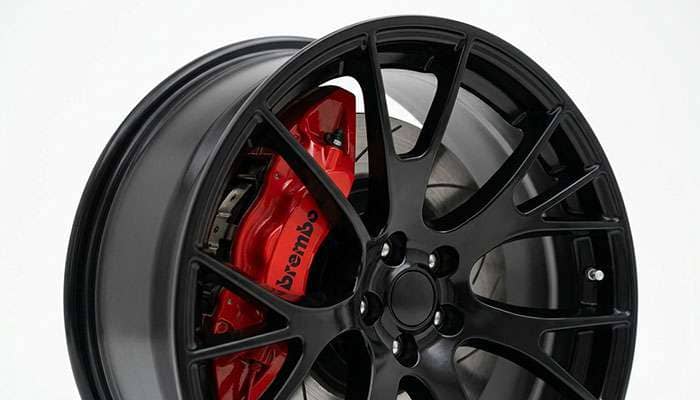 Factory Reproductions FR 70 Hellcat 20x9.5 wheel mounted over a red Brembo six-piston brake caliper showing the gap between the caliper and the spokes