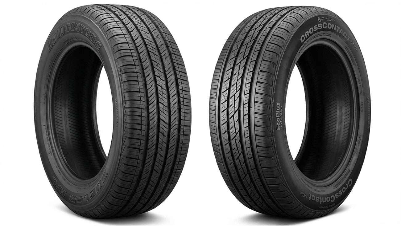 Side by side comparison of Bridgestone Dueler H/L Alenza Plus and Continental CrossContact LX25 tires on white background showing tread patterns and sidewall designs