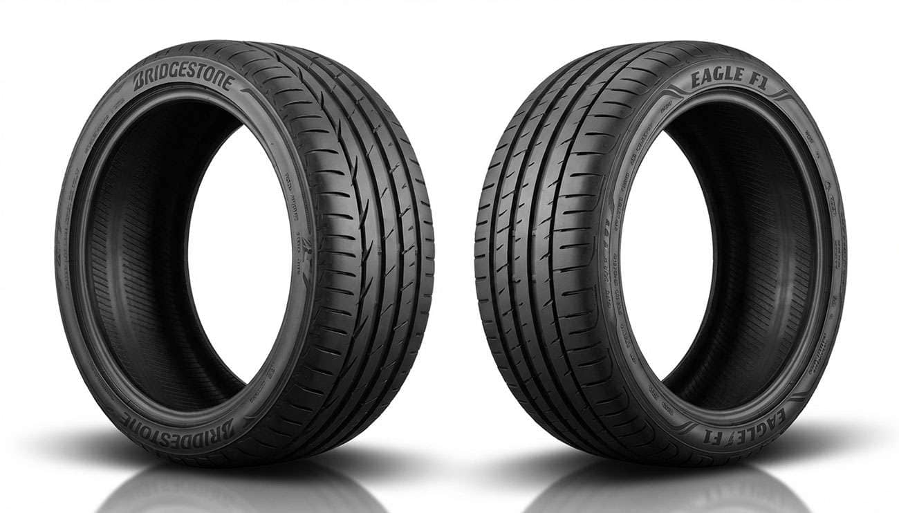 Two car tires side by side on a reflective surface, highlighting tread patterns for comparison