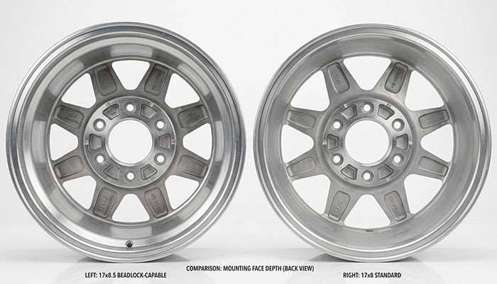 Back side of a Ford Bronco Sasquatch 17x8.5 wheel next to a Badlands 17x8 wheel showing the difference in offset