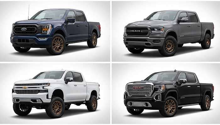Collage of four trucks showcasing the best bronze truck wheels of 2025 with bold text above