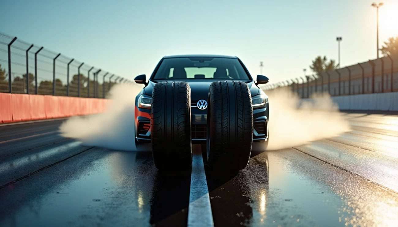 Black Volkswagen car on a racetrack with two tires in front and smoke coming from the rear wheels during a tire safety test