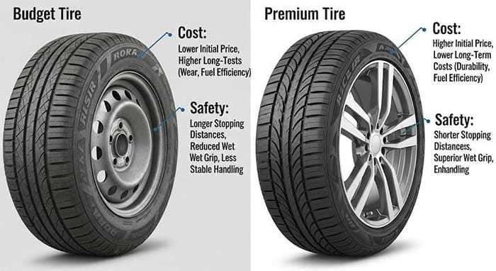 Comparison of budget and premium tires highlighting cost, safety, and performance differences for 2025