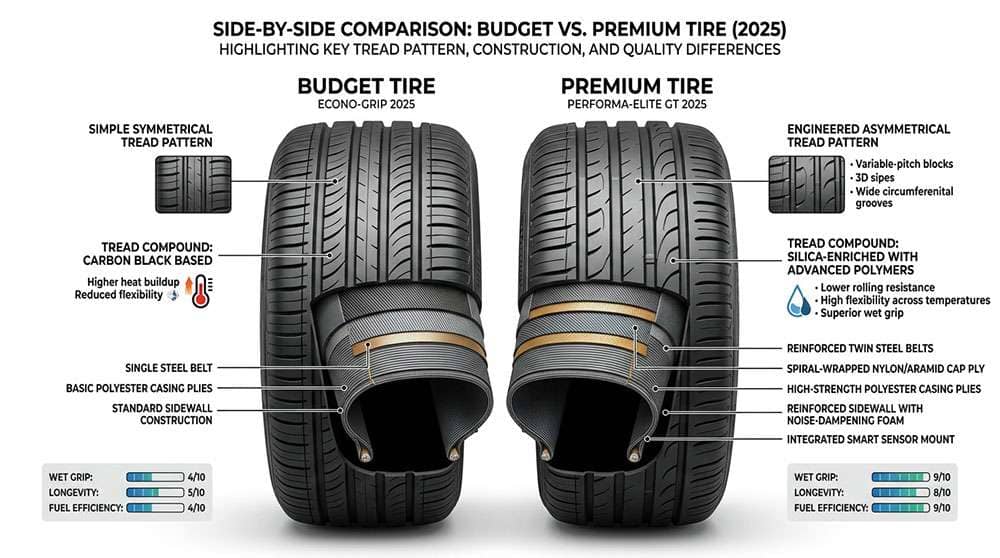 Comparison of budget vs premium tires showing cost, safety, and performance differences for 2025.