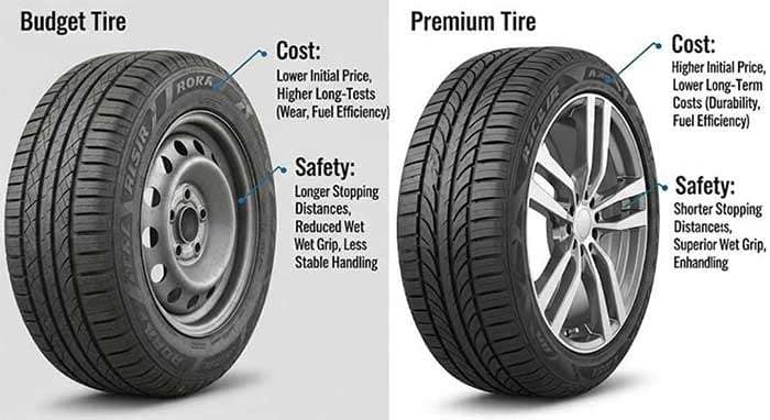 Comparison of budget vs premium tires highlighting cost, safety, and performance differences for 2025