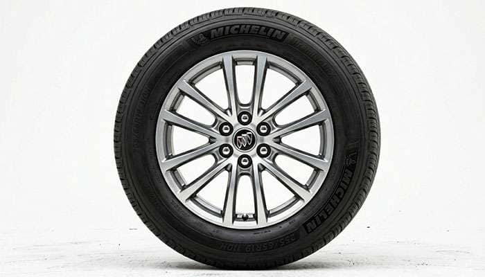 19-inch Buick alloy wheel rim with Michelin tire, featuring a 6x132 bolt pattern for GMC Acadia and Chevy Traverse.