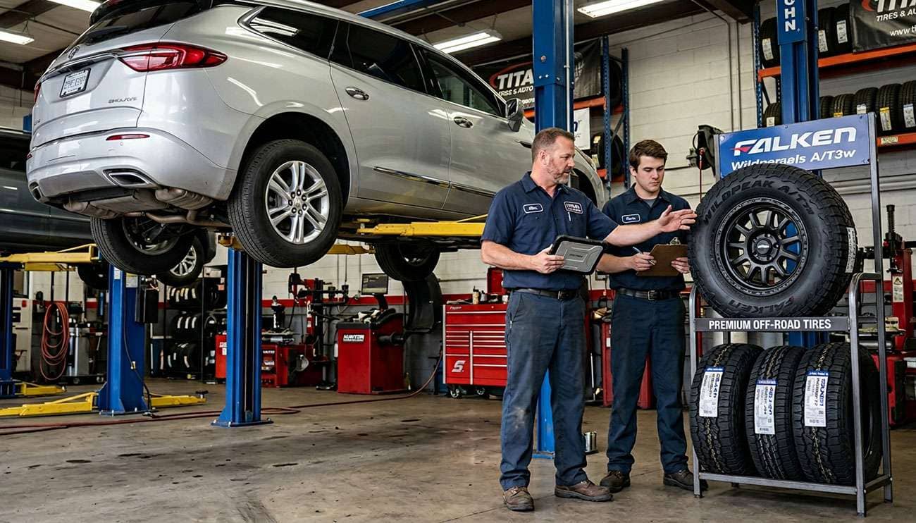 Two mechanics discuss aftermarket tires beside a lifted silver Buick Enclave in a tire shop garage.