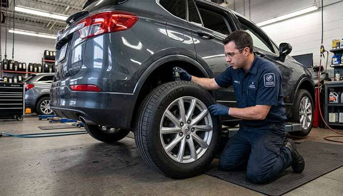 Certified technician inspecting a Buick vehicle tire in a professional auto repair shop.