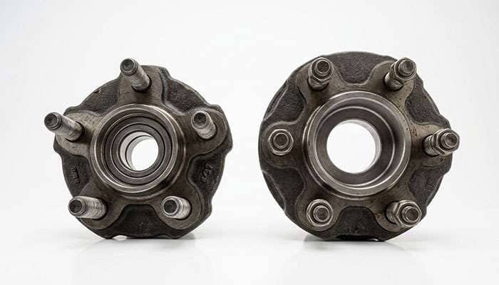 Five-lug 5x5 and six-lug 6x5.5 wheel hub bolt patterns side by side, studio photo