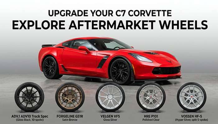 Red C7 Corvette with five different styles of aftermarket wheels displayed below and bold text above.
