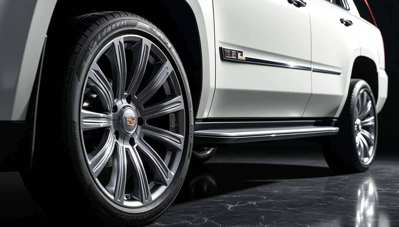 Close-up of sleek Cadillac Escalade wheels highlighting luxury SUV style and design details on a white vehicle
