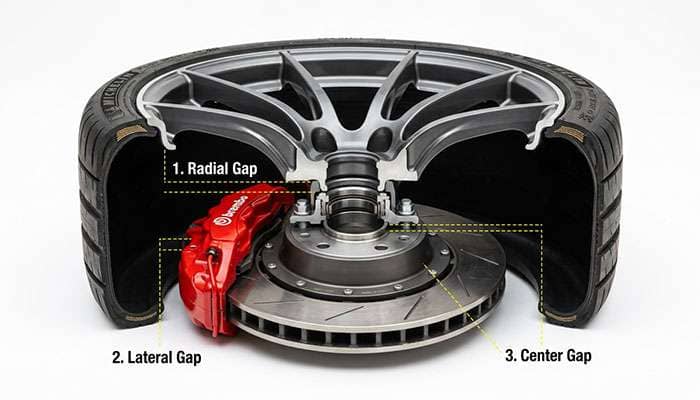 Cutaway view of a wheel and brake assembly showing radial clearance at the barrel, lateral clearance at the spoke face, and mounting pad clearance at the rotor hat
