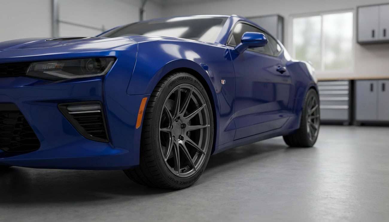 Close-up of a blue Chevrolet Camaro with aftermarket tires and wheels displayed in a garage setting
