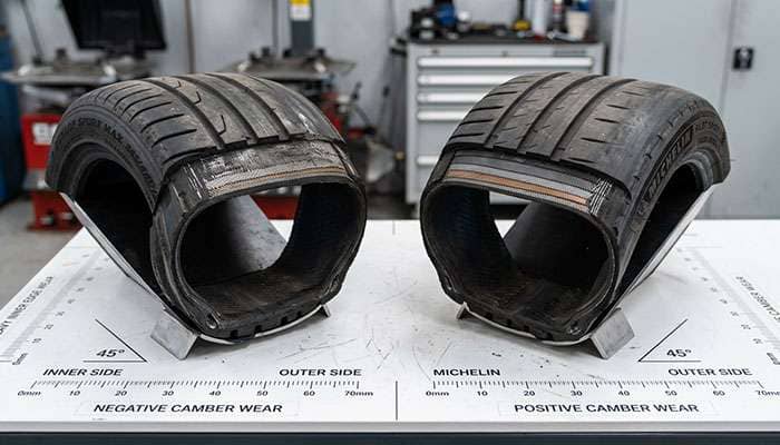 Side-by-side comparison of tire wear patterns caused by negative and positive camber angles