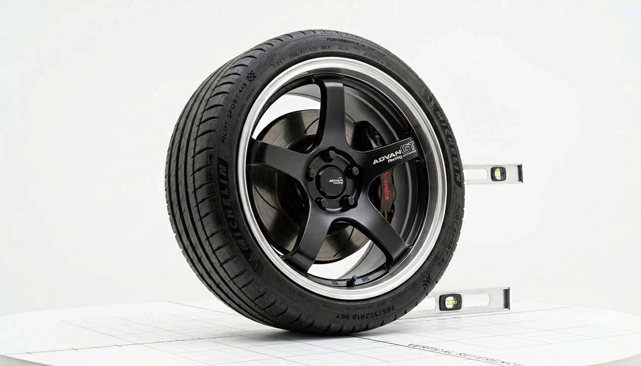 Car wheel and tire tilted to show camber alignment angle