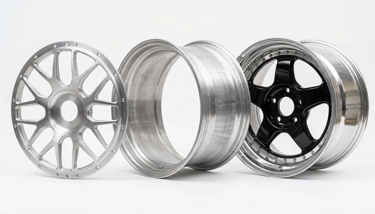 Undrilled forged two-piece wheel center and barrel next to a finished custom wheel built to order