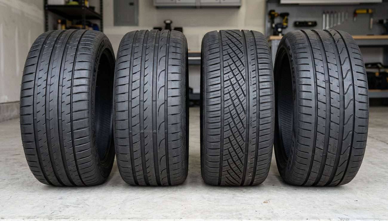 four different brand tires displayed side by side on a garage floor showing the question of whether you can mix tire brands on one vehicle