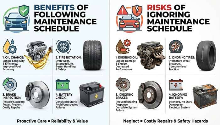 Comparison of benefits of following car maintenance schedules versus risks of ignoring them, including four key maintenance tasks