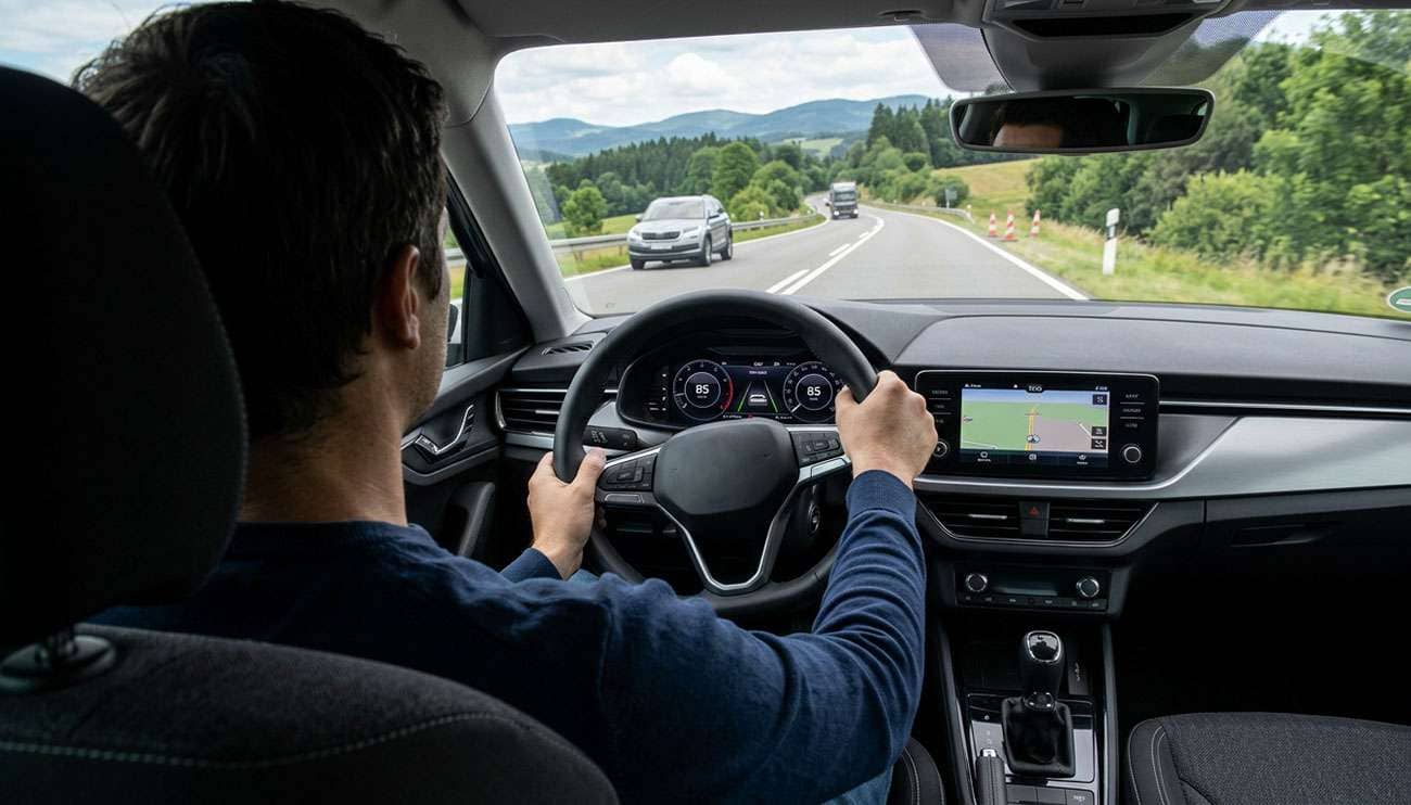 Driver holding the steering wheel slightly turned to keep a car tracking straight down a two lane road