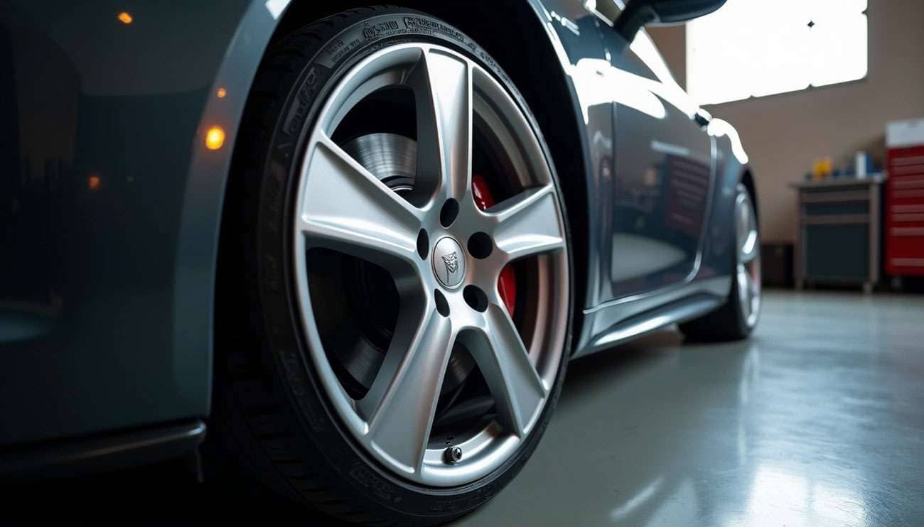 Close-up of a silver five-spoke car rim and tire on a sleek sports car in a garage setting