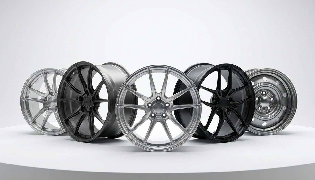Various car rim materials including steel, aluminum alloy, and forged wheels displayed in professional automotive setting