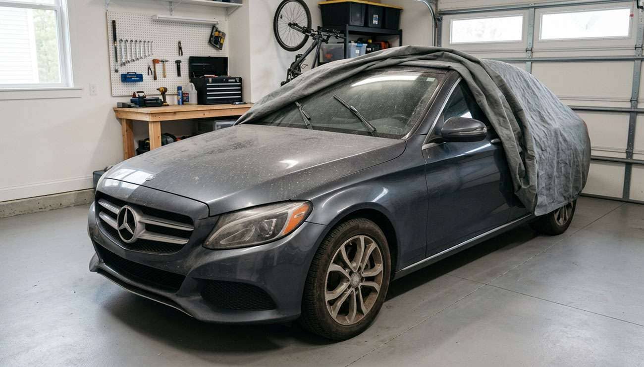 Dust-covered car under a partially-removed car cover parked in a home garage showing signs of long-term storage