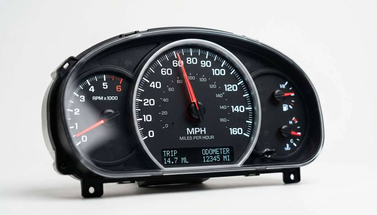 Close-up of a car speedometer gauge cluster showing speed in miles per hour