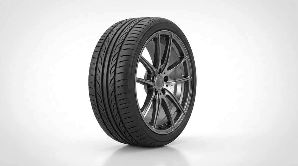 Close-up of a car tire and alloy wheel with other tires blurred in the background