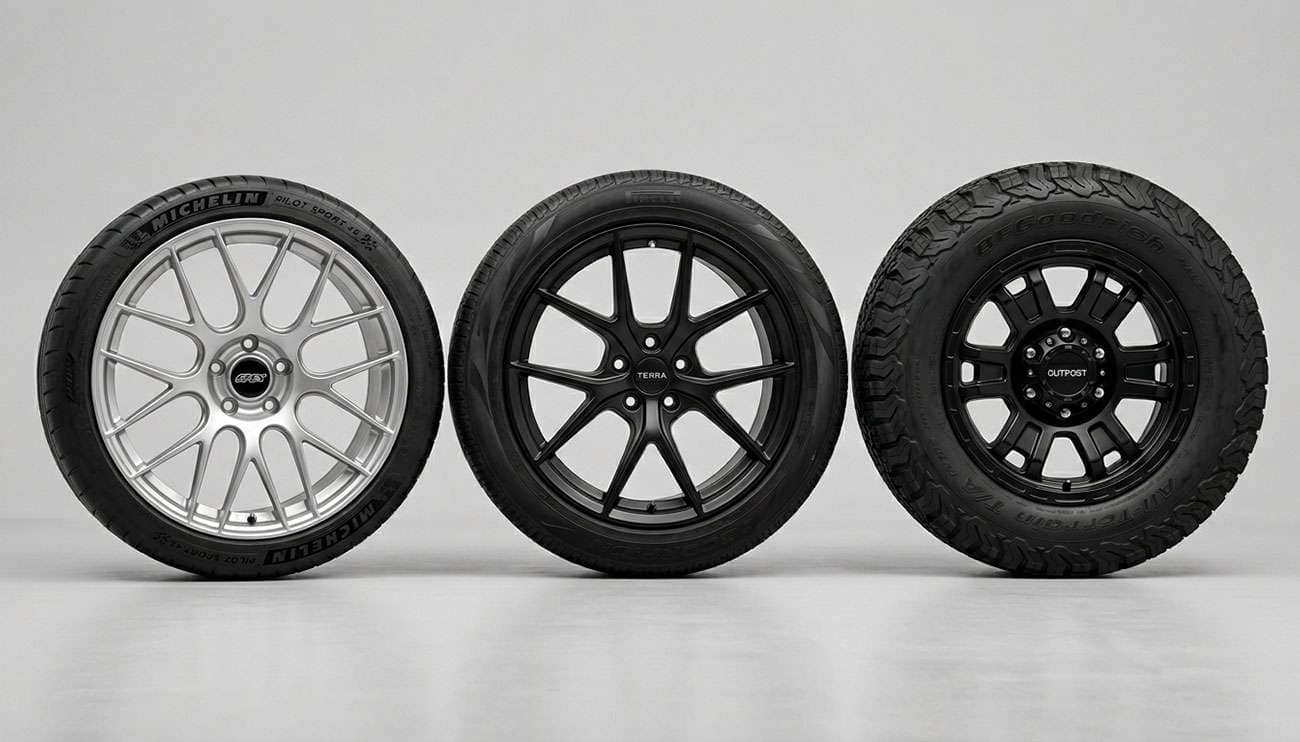 Three aftermarket wheels side by side showing car, truck, and SUV designs with different bolt patterns and constructions