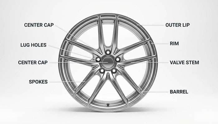 Labeled diagram of a car wheel showing spokes, rim, barrel, lug holes, center cap, outer lip, and valve stem