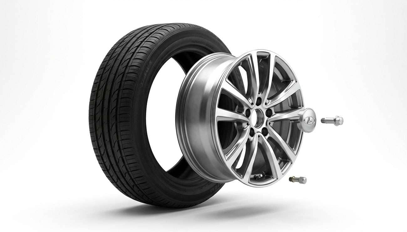 Complete car wheel assembly diagram showing tire, rim, hub, and all major components