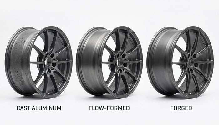 Comparison of cast, forged, and flow-formed wheels showing their distinct designs and labels